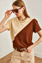 Women's Stone Brown Asymmetric Blocked T-Shirt TSH-19000350 - 4