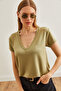 Women's Khaki Deep V Neck Modal Button T-Shirt TSH-19000773 - 3