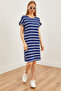 Women's Navy Blue Striped Sleeve Ruffle Knitted Viscose Mini Dress ELB-19002156
