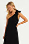 Women's Black Shoulder Bow Wrapped Midi Dress EY2800 - 7