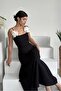 Women's Satin Strapless Neck Rose Accessory Design Strappy Black Maxi Evening Dress 258 - 5