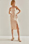 Women's Beige Slit Detailed Rope Strap Dress 60251077 - 6