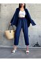 Women's Beige Oversize Linen Shirt and Trousers Top-Top Set - 3