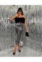 Women's Silver Sequin Fabric Front Feather Detail Design Dress