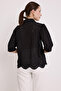 Women's Black Scalloped Short Sleeve Shirt 20241 - 5