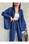 Women's Beige Oversize Linen Shirt and Trousers Top-Top Set - 7
