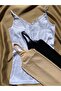 Cotton Corded Fabric Fabric Strappy Lace V-Neck 3-Piece Women's Blouse/ Tank Top Set (Black-White-Beige)