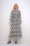 Women's Black Crew Neck Waist Belted Skirt Flounced Patterned Dress ALC-X12043 - 3