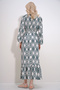 Women's Green Crew Neck Waist Belted Skirt Flounced Patterned Dress ALC-X12043 - 5
