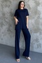 Round Neck Short Sleeve Top and High Waist Wide Leg Pants Navy Blue Ribbed Knitwear Suit 1140