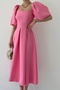 Women's Atlas Fabric Strapless Lapel Pleated Flared Cut Midi Length Short Balloon Sleeve Pink Evening Dress 167 - 7