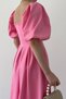 Women's Atlas Fabric Strapless Lapel Pleated Flared Cut Midi Length Short Balloon Sleeve Pink Evening Dress 167 - 3