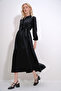 Women's Black Buttoned Front Skirt Flounced Flamed Linen Maxiboy Dress ALC-X12045 - 2
