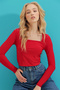 Women's Red Square Collar Crop Sandy Blouse ALC-X9374 - 2