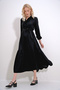 Women's Black Buttoned Front Skirt Flounced Flamed Linen Maxiboy Dress ALC-X12045 - 4