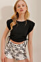 Women's Black Crew Neck Padded Side Gathered Textured Crop Blouse ALC-X10235 - 2