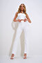 Women's Ecru Striped Elastic Trousers ALC-X12199 - 4