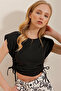Women's Black Crew Neck Padded Side Gathered Textured Crop Blouse ALC-X10235 - 3