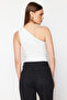Beyaz Asimetrik Yaka Cut Out Detaylı Alttan Çıtçılı Örme Body TWOSS23BD00014 - 6