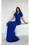 Women's Belted Half Sleeve Scuba Fabric Double Breasted Collar Long Length Evening Dress Night Graduation Dress Cobalt Blue