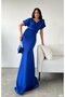 Women's Belted Half Sleeve Scuba Fabric Double Breasted Collar Long Length Evening Dress Night Graduation Dress Cobalt Blue - 5