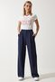 Women's Navy Blue Thin Striped Masculine Palazzo Pants DW00005 - 3