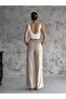 Stone Color Linen Blend Loose Cut Long Trousers - 5