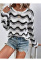 Women's Crew Neck Wave Pattern Openwork Women's Sweater Black/White/Grey