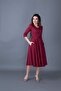 Claret Red Pocket Detailed V-Neck Midi Length Flared Dress - 6