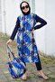 Women's Blue Digital Print Patterned Fully Covered Long Hijab Swimsuit Set of 2