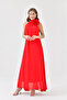 women's red chiffon rose detailed long evening dress NBS9351