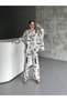 Women's Patterned Oversize Linen Top and Bottom Set Bone - 3