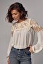Women's Beige Standard Size Knitted Eyelet Lace Blouse - 5