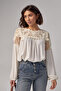 Women's Beige Standard Size Knitted Eyelet Lace Blouse - 6