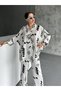 Women's Patterned Oversize Linen Top and Bottom Set Bone