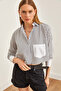 Women's Black Single Pocket Striped Crop Shirt GML-19001209 - 5