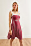 Women's Burgundy Striped Strap Tied Knitted Viscose Flared Dress ELB-19002154 - 4