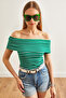 Women's Striped Grass Green Madonna Collar Lycra Blouse BLZ-19002586 - 3