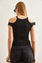 Woman's Black Shoulder Detailed Halter Collar Crop Flexible Cotton Blouse BLZ-19002637 - 6