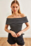 Women's Striped Black Madonna Collar Lycra Blouse BLZ-19002586 - 3