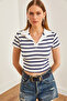 Women's Navy Blue Polo Neck Soft Touch Stretchy Crop Blouse Blz-19002639 - 5