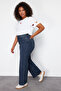 Koyu Mavi Yüksek Bel Straight Fit %100 Pamuk Non-Strerch Denim Büyük Beden Jeans TBBSS24CJ00050 - 3