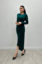 Jersey Fabric Draped Dress with Stone Detail - Emerald Green - 2
