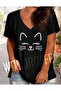 Women's V-Neck Black Printed T-Shirt Loose Comfortable Cut Boyfirend