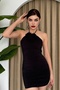 Women's Black Lined Drawstring Tulle Fabric Flower Accessory Detail Strapless Collar Mini Dress 260