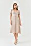 Women's Lined Aerobin Fabric Button-Down Design Ragage Collar Short Sleeve Beige Midi Dress 121 - 8