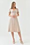 Women's Lined Aerobin Fabric Button-Down Design Ragage Collar Short Sleeve Beige Midi Dress 121