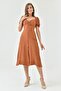 Women's Lined Aerobin Fabric Button-Down Design Ragage Collar Short Sleeve Brown Midi Dress 121 - 2