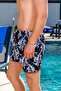 Men's Basic Leaf Printed Black Swim Shorts with Pockets - 3
