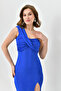 Full Lycra Buzzy Fabric Slit Detailed One Shoulder Midi Length Summer Cobalt Blue Dress 1050 - 2